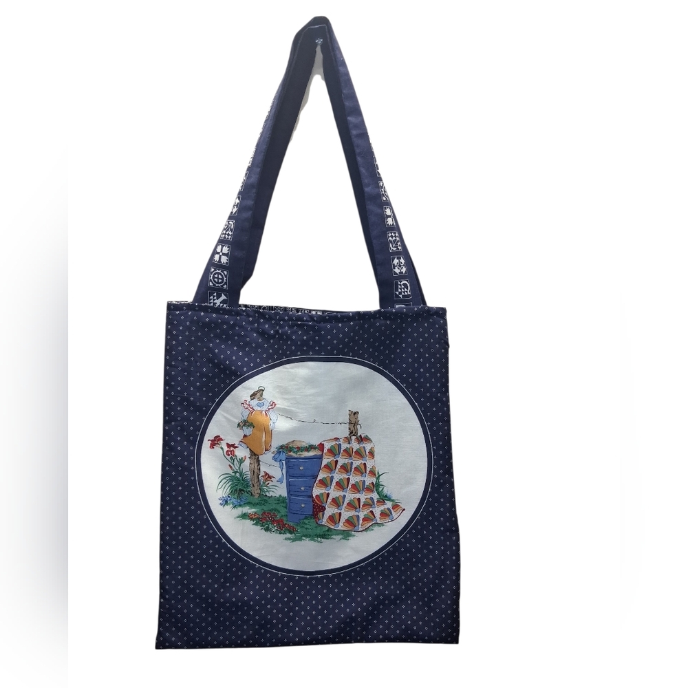 Blue Fabric Handcrafted Tote Bag - Vintage Quilt and Sewing Design - Patchwork